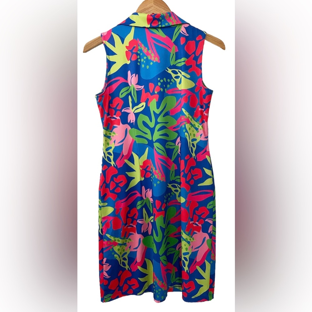 Katherine Way Blue Tropical Floral Shift Dress Size S Made USA - Picture 5 of 9